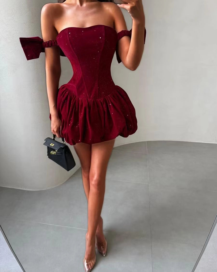 Aimishang Lovely A Line Off-the-Shoulder Short Birthday Party Dress Shiny Homecoming Dress