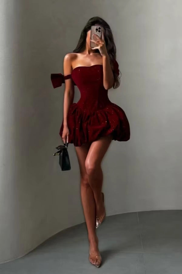 Aimishang Lovely A Line Off-the-Shoulder Short Birthday Party Dress Shiny Homecoming Dress