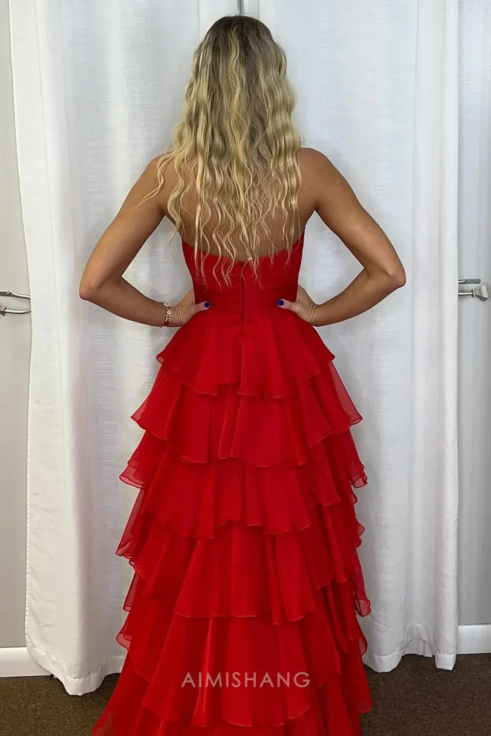 Aimishang Lovely A Line Princess Sweetheart Strapless Sleeveless Prom Dress Ruffled Blue Long Formal Dress Charming Evening Party Dress With Slit