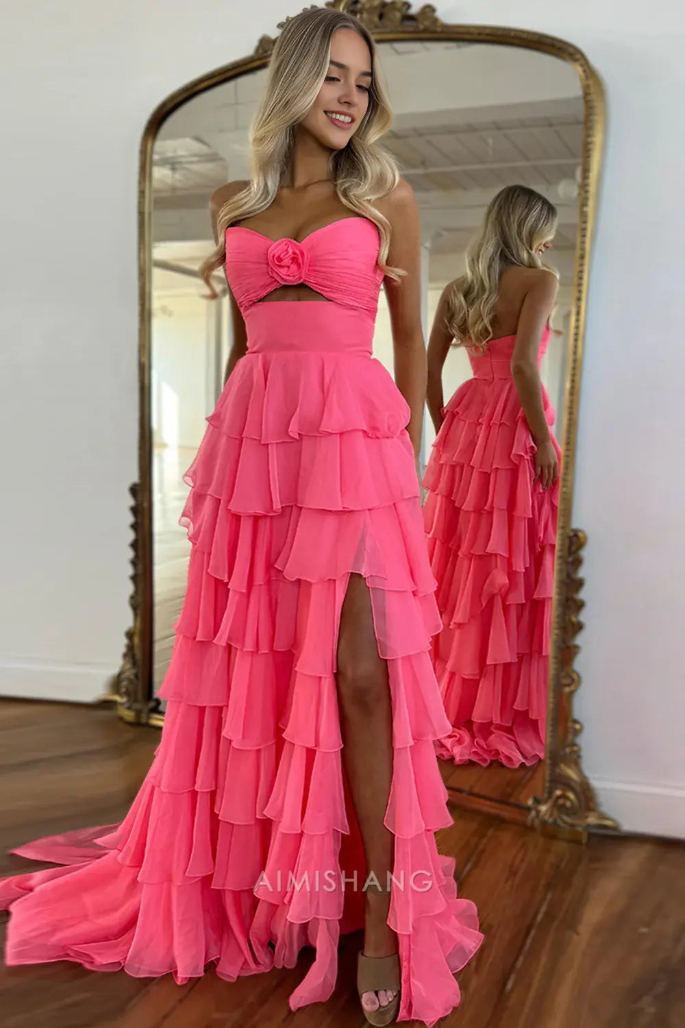 Aimishang Lovely A Line Princess Sweetheart Strapless Sleeveless Prom Dress Ruffled Long Formal Dress Charming Evening Party Dress