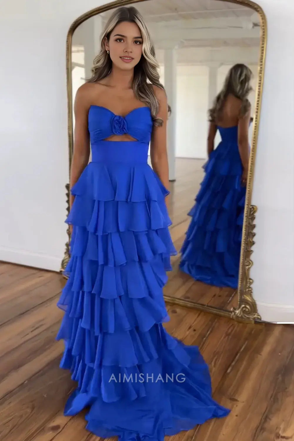 Aimishang Lovely A Line Princess Sweetheart Strapless Sleeveless Prom Dress Ruffled Long Formal Dress Charming Evening Party Dress With Slit