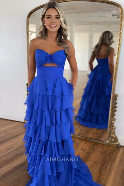 Aimishang Lovely A Line Princess Sweetheart Strapless Sleeveless Prom Dress Ruffled Long Formal Dress Charming Evening Party Dress With Slit