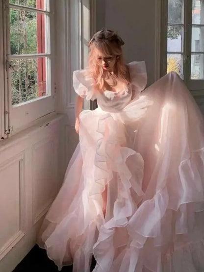Aimishang Lovely A Line Short Sleeves Birthday Party Dress Sweetheart Long Formal Prom Dress
