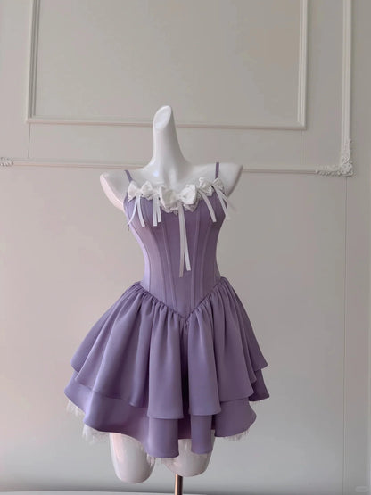 Aimishang Lovely A Line Spaghetti Straps Purple Sleeveless Summer Short Graduation Party Dress Elegant Homecoming Dress With Bow