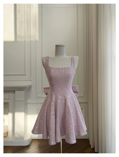 Aimishang Lovely A Line Square Neck Straps Sequin Sleeveless Short Graduation Party Dress Cute Homecoming Dress With Bow