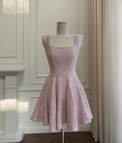 Aimishang Lovely A Line Square Neck Straps Sequin Sleeveless Short Graduation Party Dress Cute Homecoming Dress With Bow