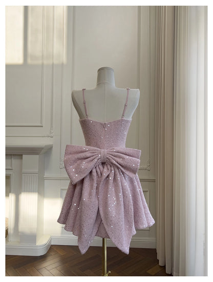Aimishang Lovely A Line Square Neck Straps Sequin Sleeveless Short Graduation Party Dress Cute Homecoming Dress With Bow