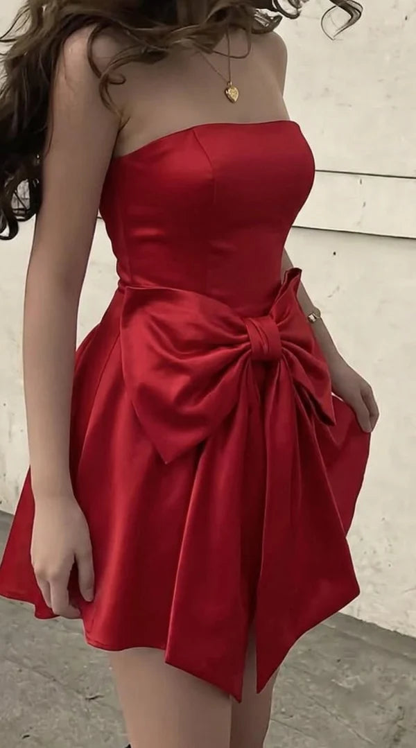 Aimishang Lovely A Line Strapless Satin Short 16th Birthday Party Dress Cute Homecoming Dress With Bow