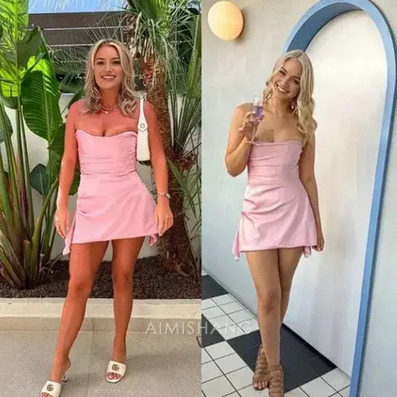 Aimishang Lovely A Line Strapless Short Prom Dress Simple Homecoming Dress Cute Birthday Party Dress