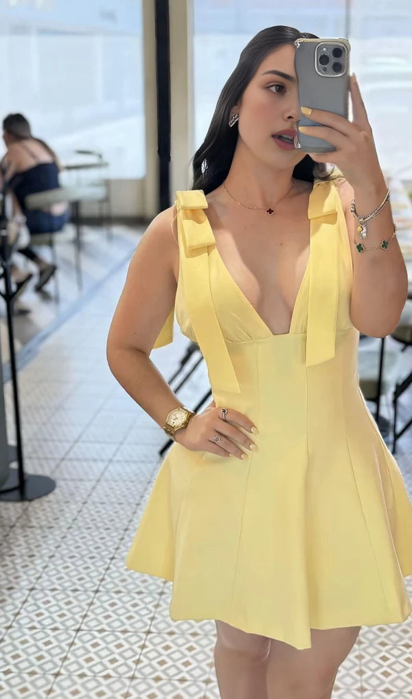 Aimishang Lovely A Line V Neck Bow Straps Sleeveless Short Formal Birthday Party Dress Sexy Homecoming Dress