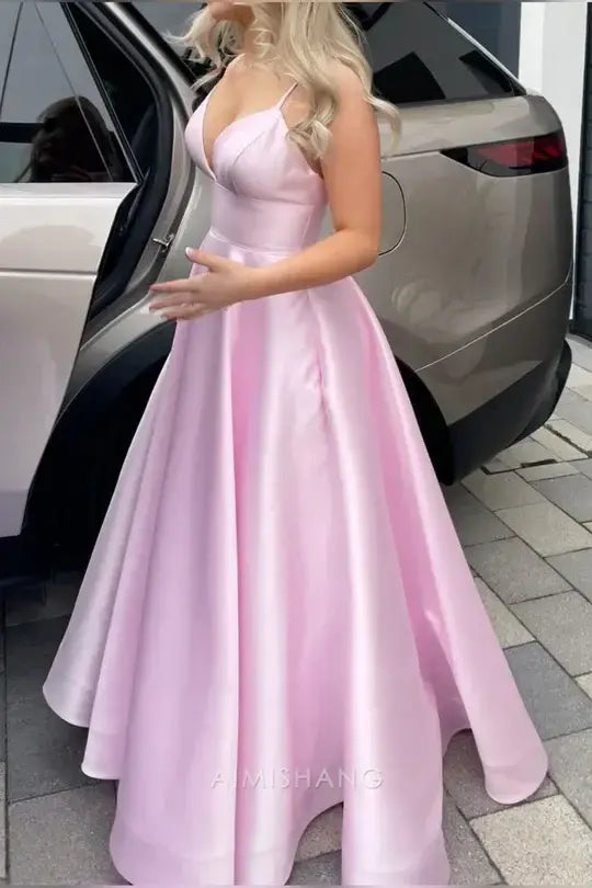 Aimishang Lovely A Line V Neck Sleeveless Satin Formal Long Prom Dress Charming Evening Party Dress