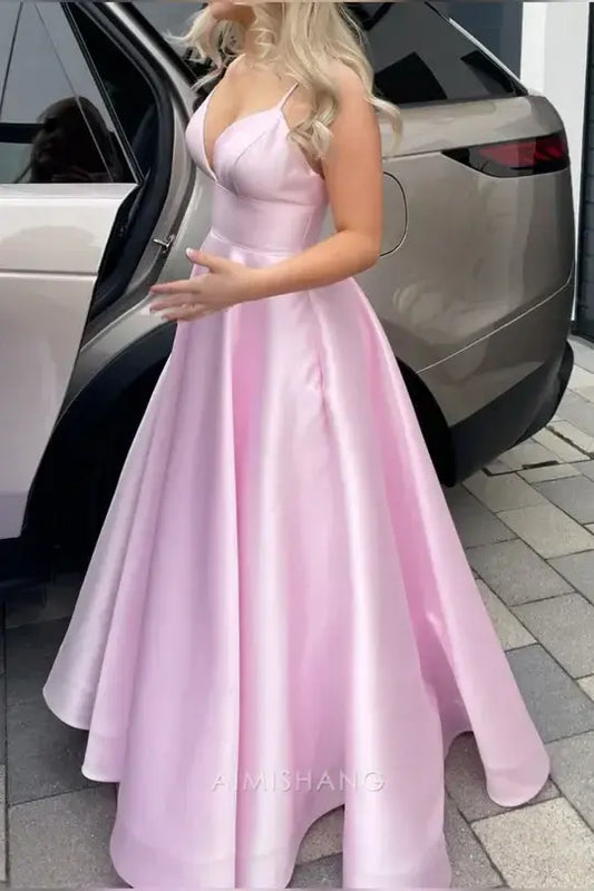 Aimishang Lovely A Line V Neck Sleeveless Satin Formal Long Prom Dress Charming Evening Party Dress