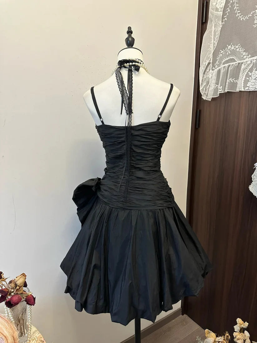 Aimishang Lovely Black A-line V-neck Sleeveless Pleat Short Party Prom Dress Cute Homecoming Dress With Bow
