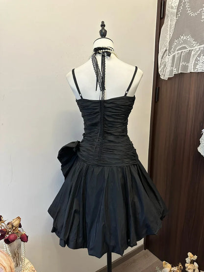 Aimishang Lovely Black A-line V-neck Sleeveless Pleat Short Party Prom Dress Cute Homecoming Dress With Bow