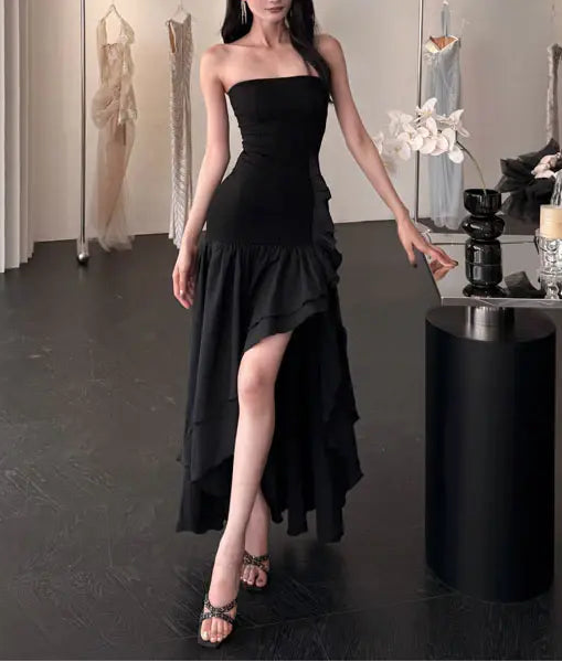 Aimishang Lovely Black Strapless Sleeveless Ruffles Party Evening Dress Elegant Long Formal Prom Dress