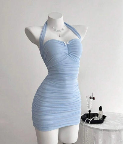 Aimishang Lovely Blue Sheath Halter Sweetheart Neck Sleeveless Short Homecoming Dress Cute Birthday Party Dress