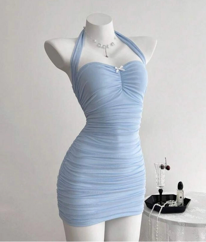 Aimishang Lovely Blue Sheath Halter Sweetheart Neck Sleeveless Short Homecoming Dress Cute Birthday Party Dress