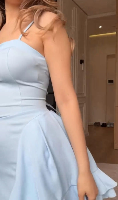 Aimishang Lovely Blue Spaghetti Straps A-Line Sleeveless Ruffle Summer Mini Short Homecoming Dress Cute Graduation Party Dress