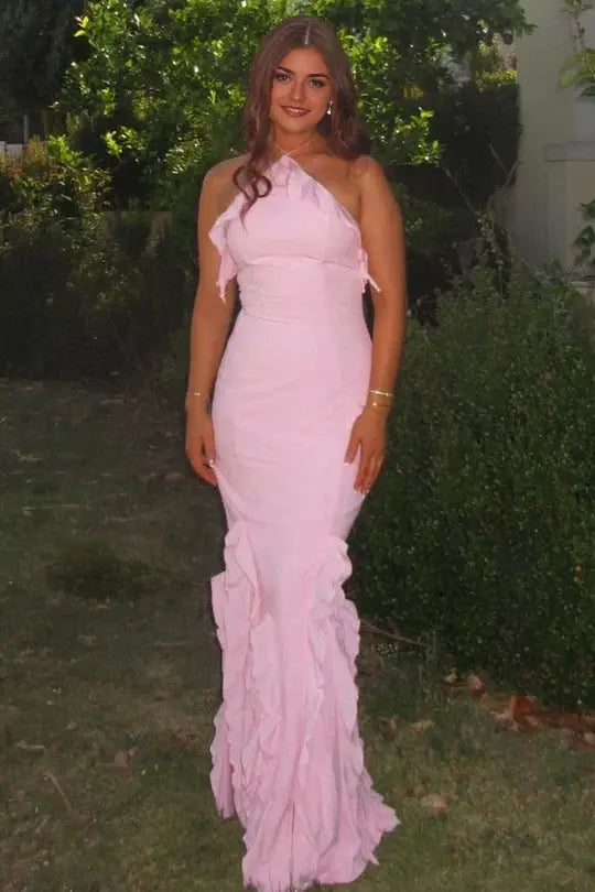 Aimishang Lovely Halter Sleeveless Ruffle Long Formal Prom Dress Elegant Wedding Guest Party Dress