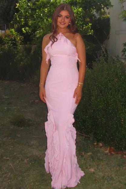 Aimishang Lovely Halter Sleeveless Ruffle Long Formal Prom Dress Elegant Wedding Guest Party Dress
