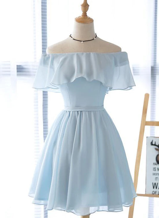 Aimishang Lovely Light Blue Off Shoulder A Line Chiffon Short Summer Party Dress Simple Homecoming Dress