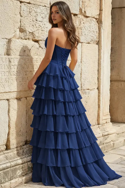 Aimishang Lovely Princess A-Line Strapless Ruffles Long Formal Prom Dress Elegant Evening Party Dress With Slit