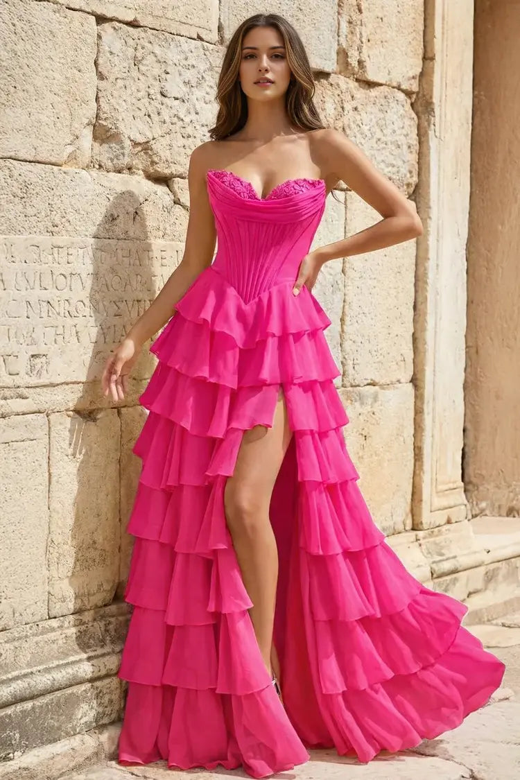 Aimishang Lovely Princess A-Line Strapless Ruffles Long Formal Prom Dress Elegant Evening Party Dress With Slit