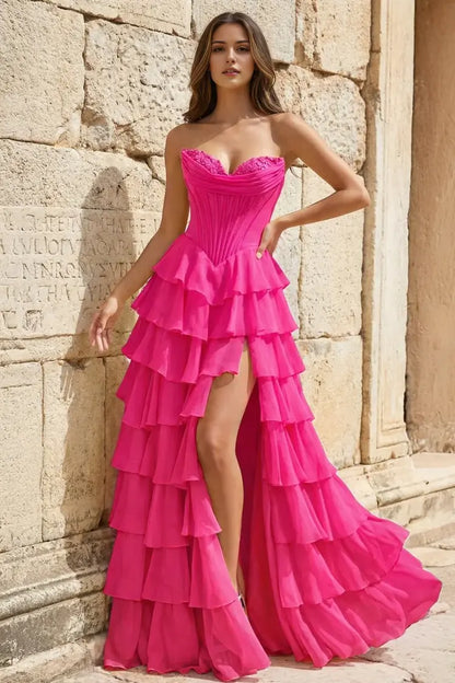 Aimishang Lovely Princess A-Line Strapless Ruffles Long Formal Prom Dress Elegant Evening Party Dress With Slit