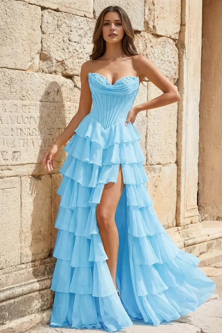 Aimishang Lovely Princess A-Line Strapless Ruffles Long Formal Prom Dress Elegant Evening Party Dress With Slit