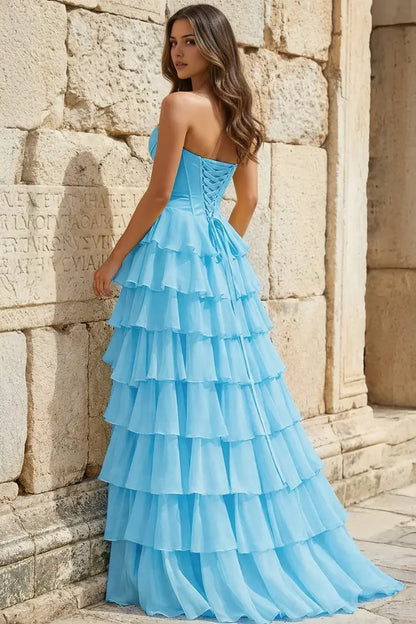 Aimishang Lovely Princess A-Line Strapless Ruffles Long Formal Prom Dress Elegant Evening Party Dress With Slit