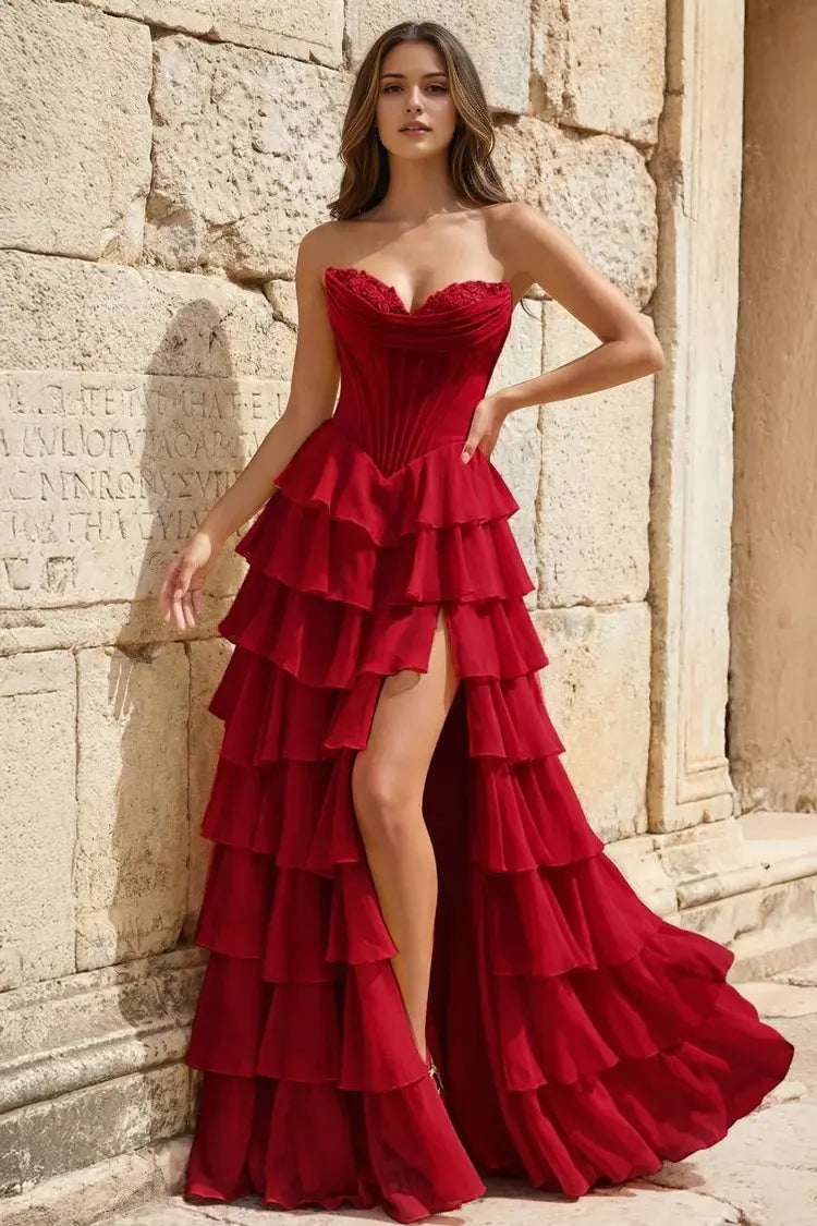 Aimishang Lovely Princess A-Line Strapless Ruffles Long Formal Prom Dress Elegant Evening Party Dress With Slit