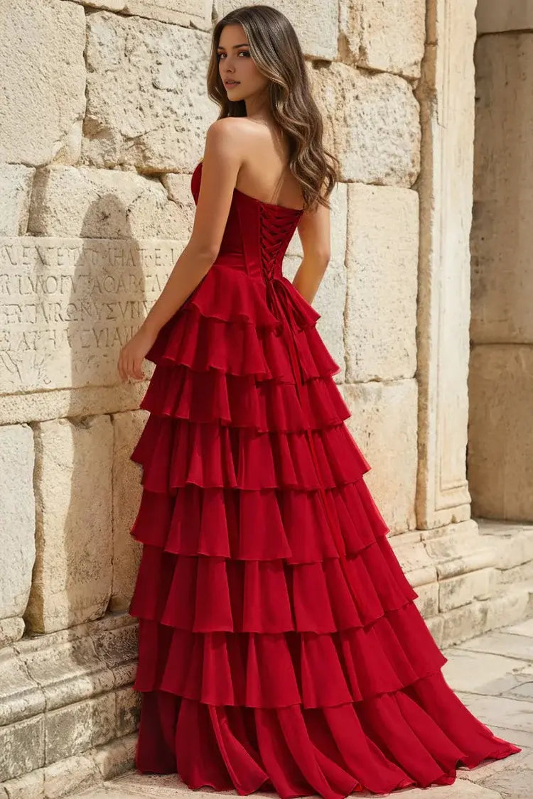 Aimishang Lovely Princess A-Line Strapless Ruffles Long Formal Prom Dress Elegant Evening Party Dress With Slit