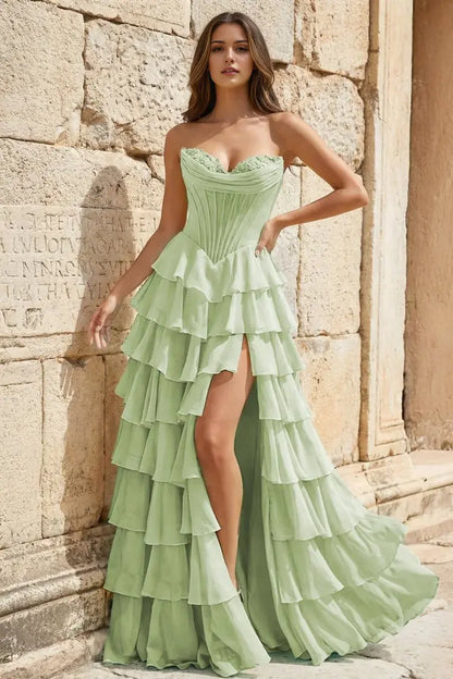 Aimishang Lovely Princess A-Line Strapless Ruffles Long Formal Prom Dress Elegant Evening Party Dress With Slit