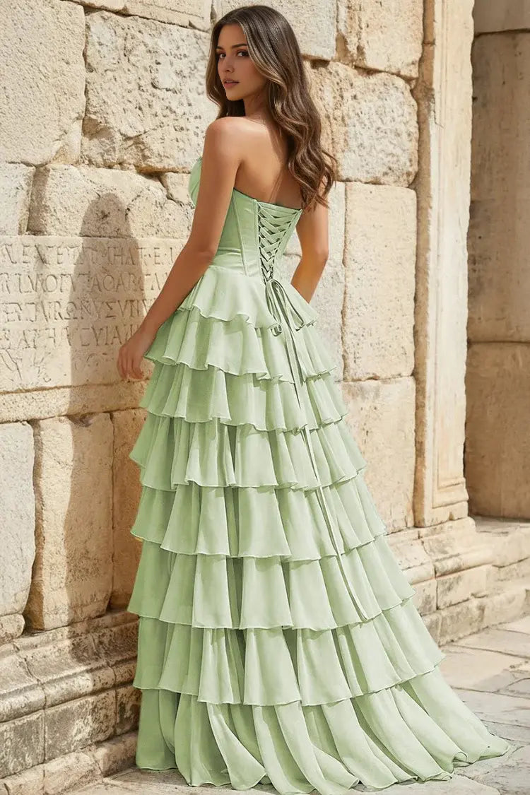 Aimishang Lovely Princess A-Line Strapless Ruffles Long Formal Prom Dress Elegant Evening Party Dress With Slit