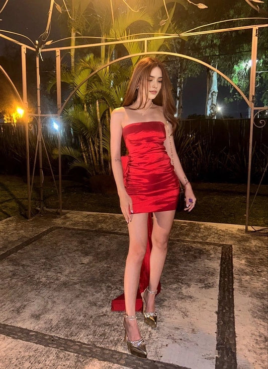 Aimishang Lovely Sheath Strapless Sleeveless Satin Summer Mini Short Homecoming Dress Cute Graduation Party Dress With Bow