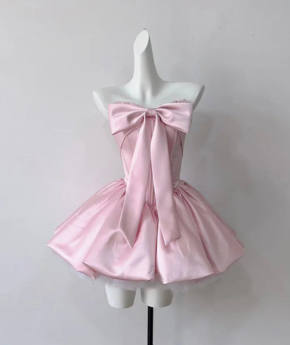 Aimishang Lovely Strapless A Line Satin Lace-Up Back Short Birthday Party Dress Cute Graduation Homecoming Dress with Bow