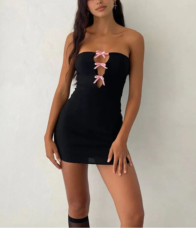 Aimishang Lovely Strapless Sheath Sleeveless Short Birthday Party Dress Sweet Black and Pink Bow Graduation Homecoming Dress