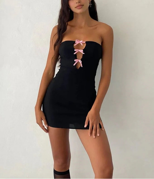 Aimishang Lovely Strapless Sheath Sleeveless Short Birthday Party Dress Sweet Black and Pink Bow Graduation Homecoming Dress