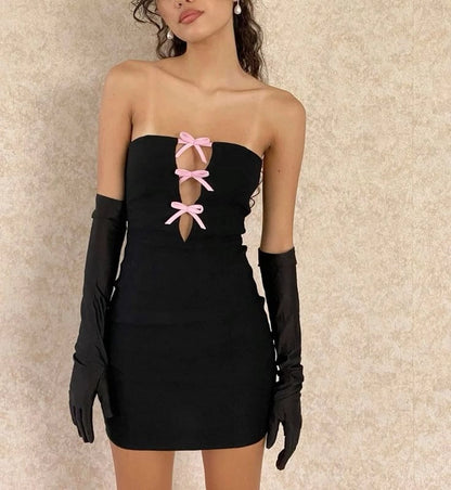 Aimishang Lovely Strapless Sheath Sleeveless Short Birthday Party Dress Sweet Black and Pink Bow Graduation Homecoming Dress