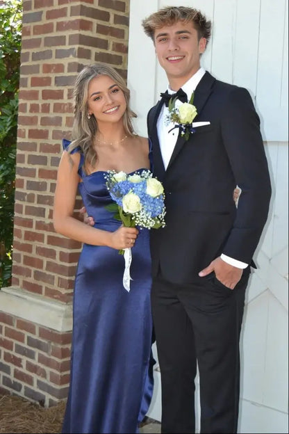 Aimishang Lovely Sweetheart Ruffle Straps Sleeveless Blue Satin Graduation Party Dress Cute Long Formal Prom Dress With Slit