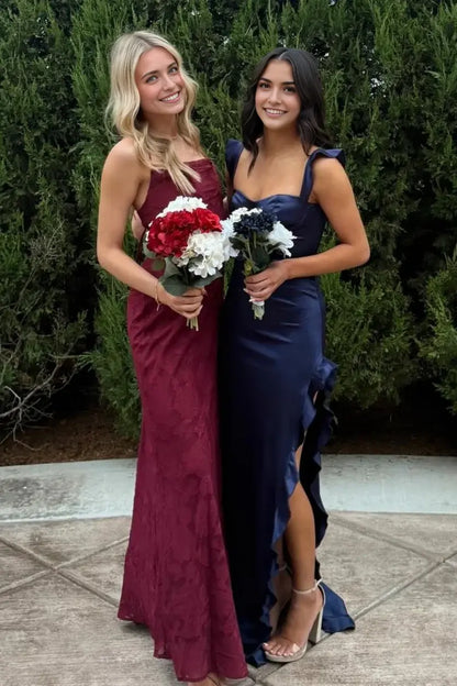 Aimishang Lovely Sweetheart Ruffle Straps Sleeveless Blue Satin Graduation Party Dress Cute Long Formal Prom Dress With Slit