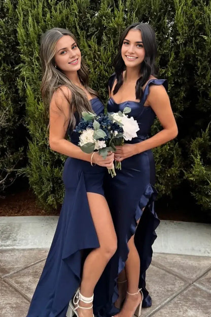 Aimishang Lovely Sweetheart Ruffle Straps Sleeveless Blue Satin Graduation Party Dress Cute Long Formal Prom Dress With Slit