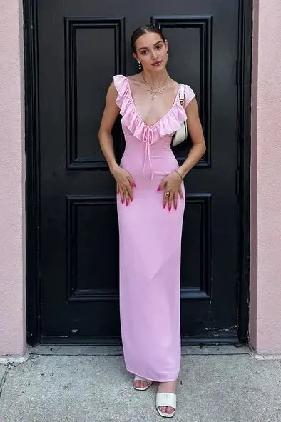 Aimishang Lovely V-Neck Ruffle Sleeveless Graduation Party Dress Cute Long Formal Prom Dress