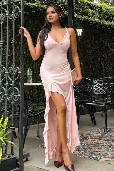 Aimishang Lovely V-Neck Sleeveless Graduation Dress Cute Party Prom Dress With Ruffle Slit
