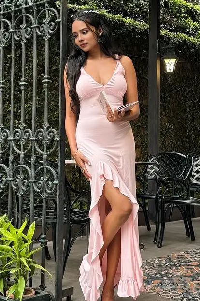 Aimishang Lovely V-Neck Sleeveless Graduation Dress Cute Party Prom Dress With Ruffle Slit