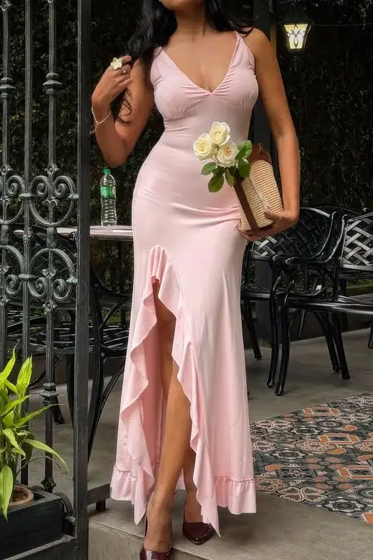 Aimishang Lovely V-Neck Sleeveless Graduation Dress Cute Party Prom Dress With Ruffle Slit