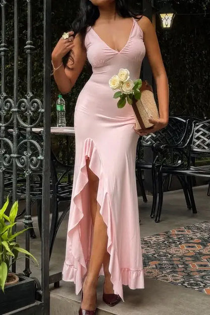 Aimishang Lovely V-Neck Sleeveless Graduation Dress Cute Party Prom Dress With Ruffle Slit