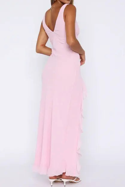 Aimishang Lovely V-Neck Sleeveless Graduation Dress Cute Party Prom Dress With Ruffle Slit