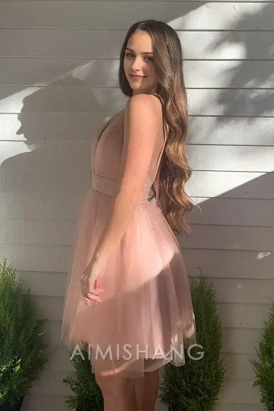 Aimishang Lovely V Neck Halter Backless Tulle Homecoming Dress Sweet Birthday Party Dress Short Princess Prom Dress