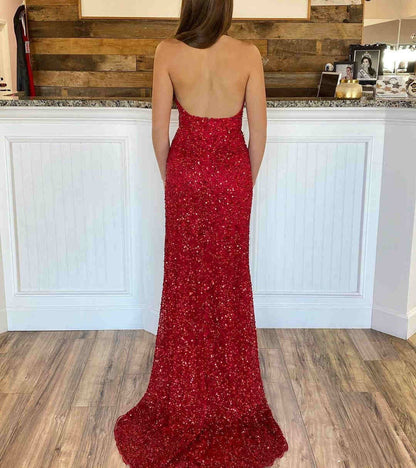 Wholesale Prom Dresses Luxurious Red Mermaid Long Sexy Backless Sequin V-Neck Sleeveless